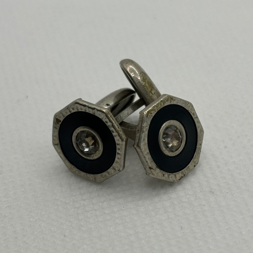 Edwardian, Octagonal, Silver Plate with Rhinestone Men's Cuff Links, Circa 1900S